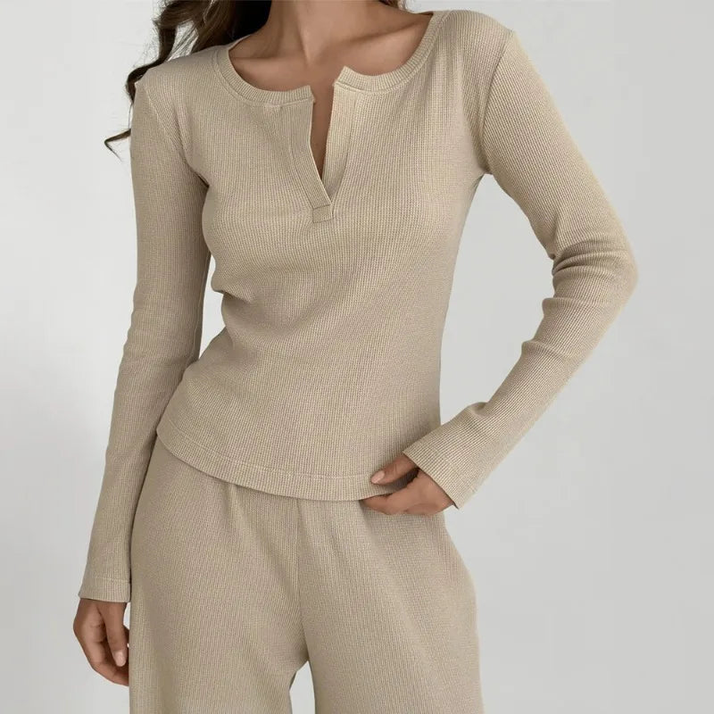 2026 Women's Autumn New V Neck Long Sleeve Pants Pajama Set Ribbed Texture Women's Slim Fit Pajama Loungewear Pyjamas Women