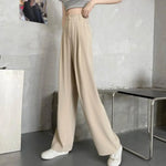 Women High Waist Straight Wide Leg Pants Solid Color Suit Pants Elastic Slant Pockets Loose Office Trousers