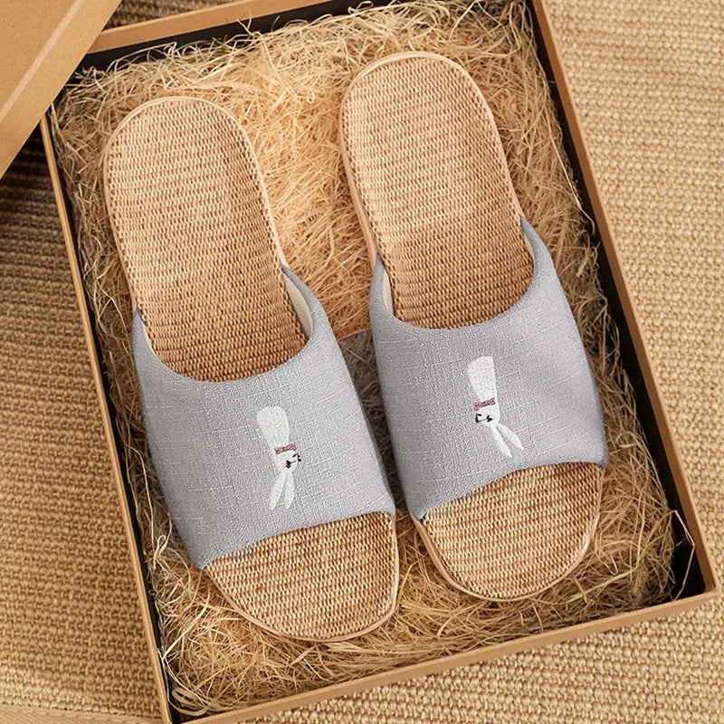 Breathable Cotton Flax Slippers For Women Men Indoor Shoes Anti-slip Light Weight Cute Cartoon Couples Home Floor Slides