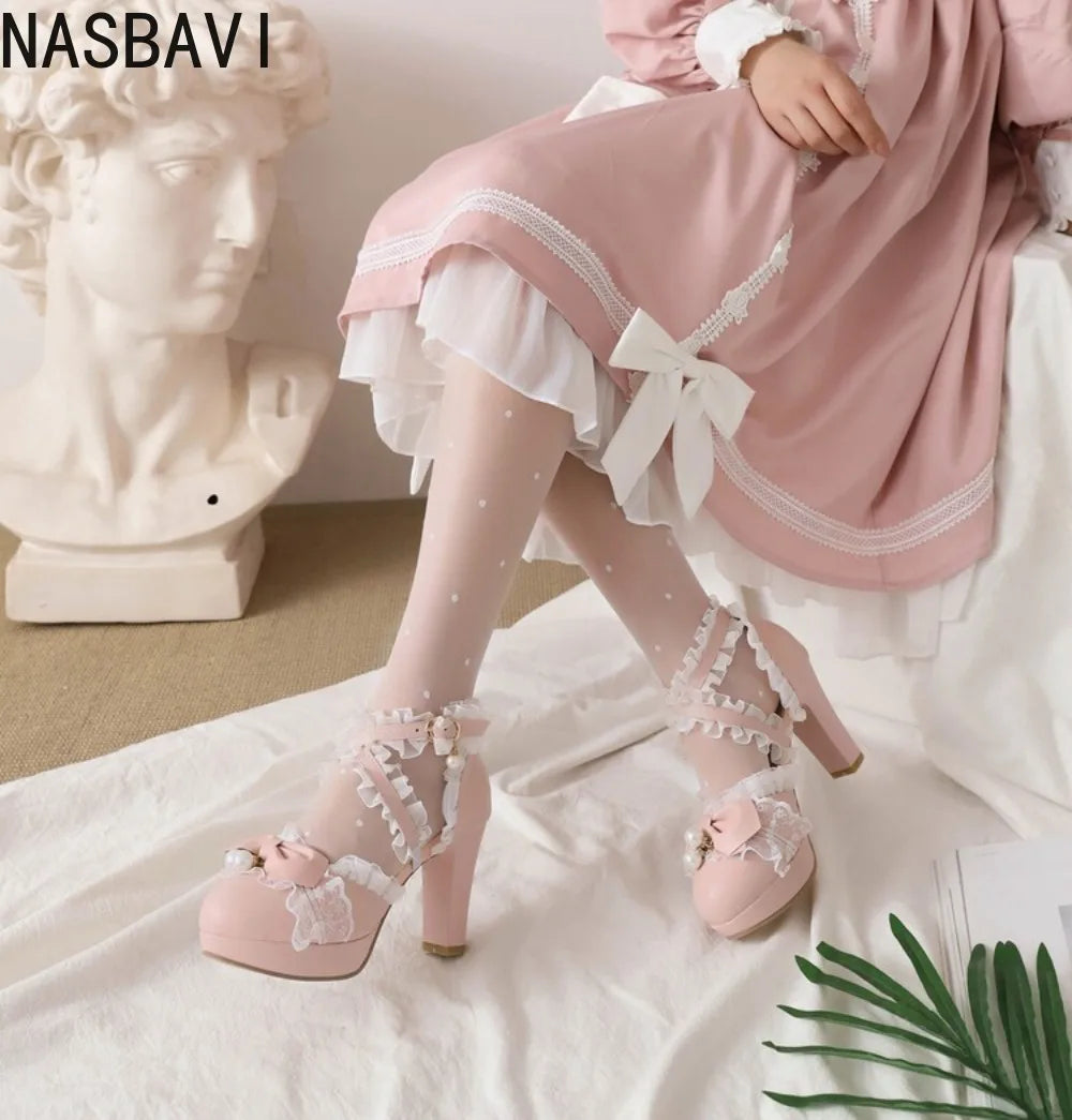 Blue White Ankle Sandals Girls Lace Strap Ankle Women High Heels Mary Janes Pumps Party Wedding Dress Bow Princess Lolita Shoes