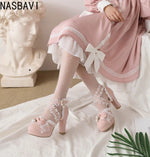 Blue White Ankle Sandals Girls Lace Strap Ankle Women High Heels Mary Janes Pumps Party Wedding Dress Bow Princess Lolita Shoes