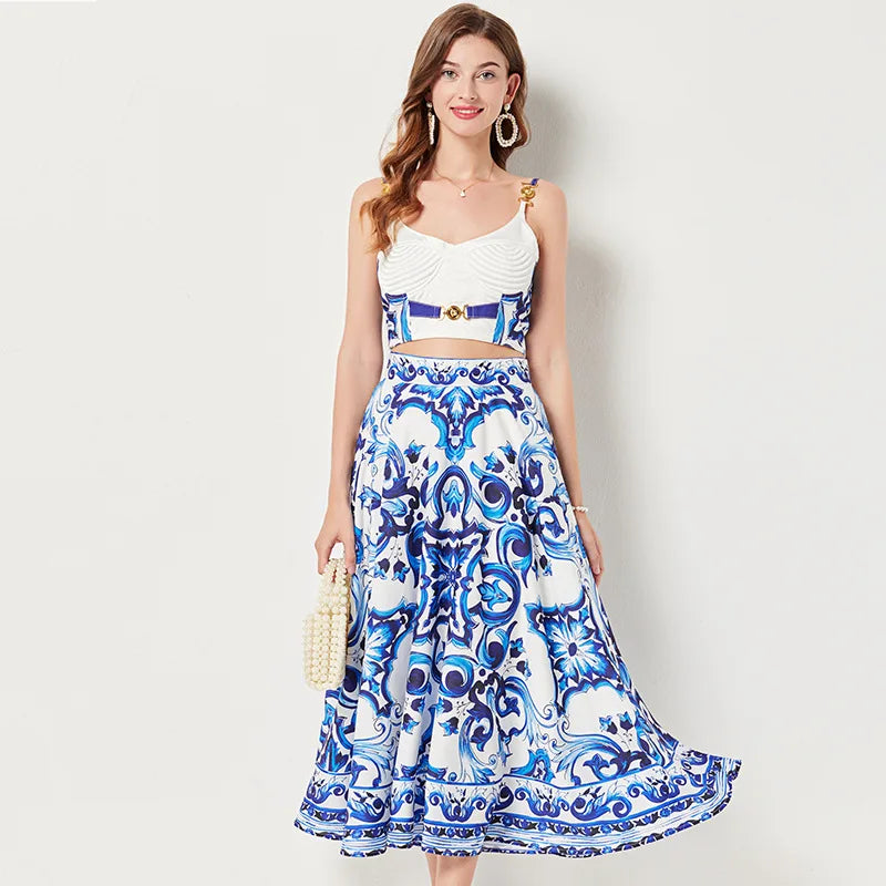 Women's Dress Blue And White Porcelain Retro Printed Metal Buckle Three-dimensional Strapless Top + Wide Skirt Two-piece Set