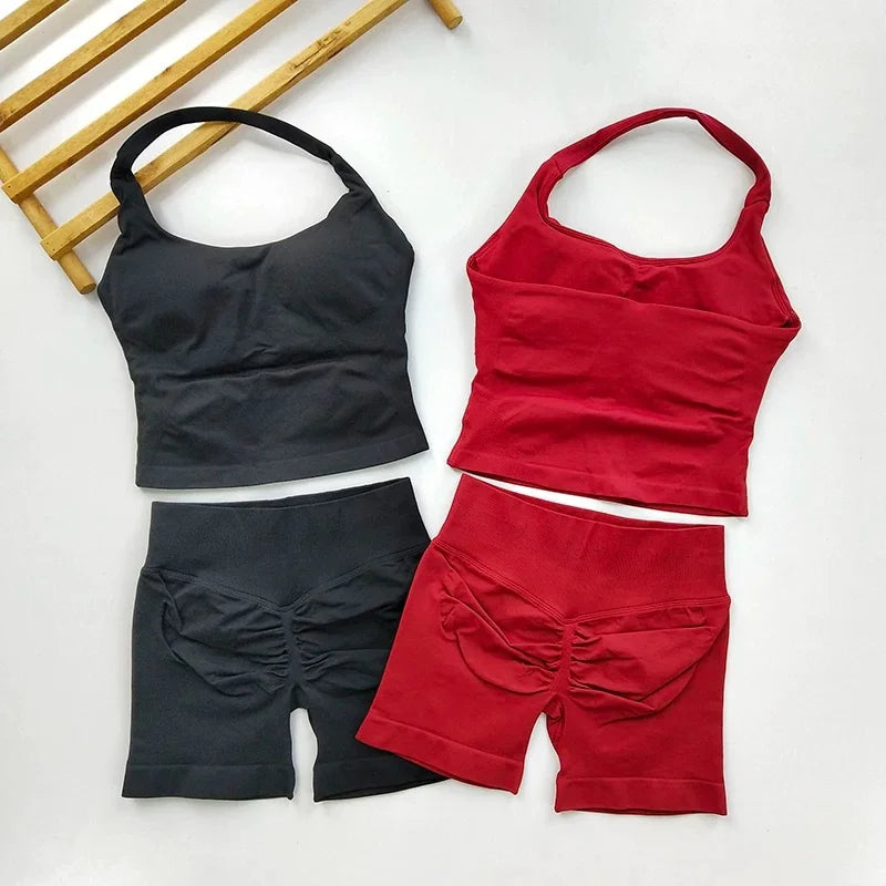 Yoga 2 Pieces Gym Set Women Backless Halter Tops High Waist Seamless Shorts Gym Suit Fitness Sports Bras Sportswear Workout Sets