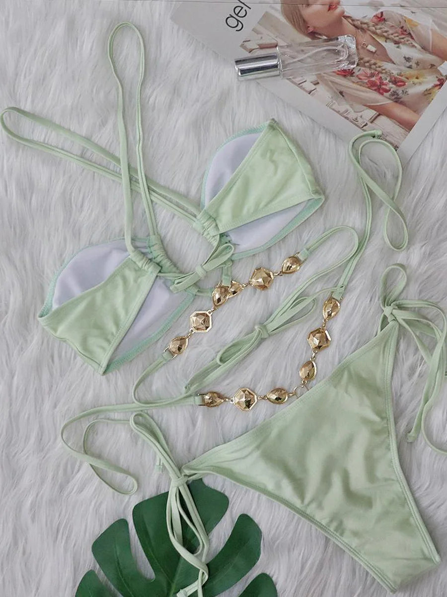 Wrap Around Halter Rhinestones Diamond Bikini Women Swimsuit Female Swimwear Two-pieces Bikini Set Bathing Suit Swim Beach Wear