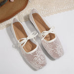 BigSize 43 Breathable White Lace Mary Jane Flats Women Comfy Walk Square Toe Casual Office Lady Ballet Flats Shoes Daily Wear
