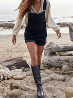 Women Denim Bib Overalls Adjustable Straps Shorts Romper with Pocket Casual Rolled Cuff Shortalls