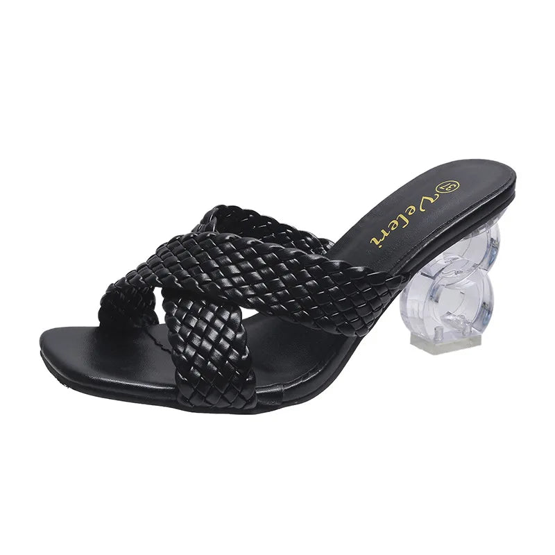 Transparent Strange High Heels Sandals Women SummerPlus Size Weave Female Slippers Fashion Yellow Open Toe Slides