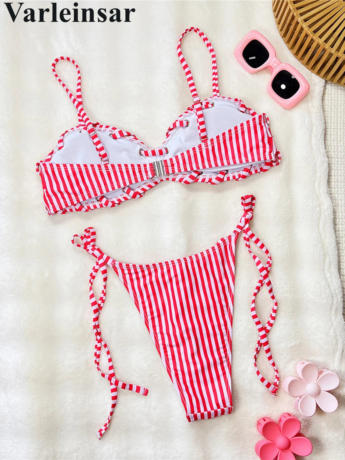 Striped Strappy Bikini Women Swimwear Female Swimsuit Two-Pieces Bikini Set High Leg Cut Padded Bather Bathing Suit Swim V8261