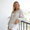 Women Puff Long Sleeve Crew Neck Spring Fall Tops Fashion Dot Print Casual Loose Fit Flowy Blouse
