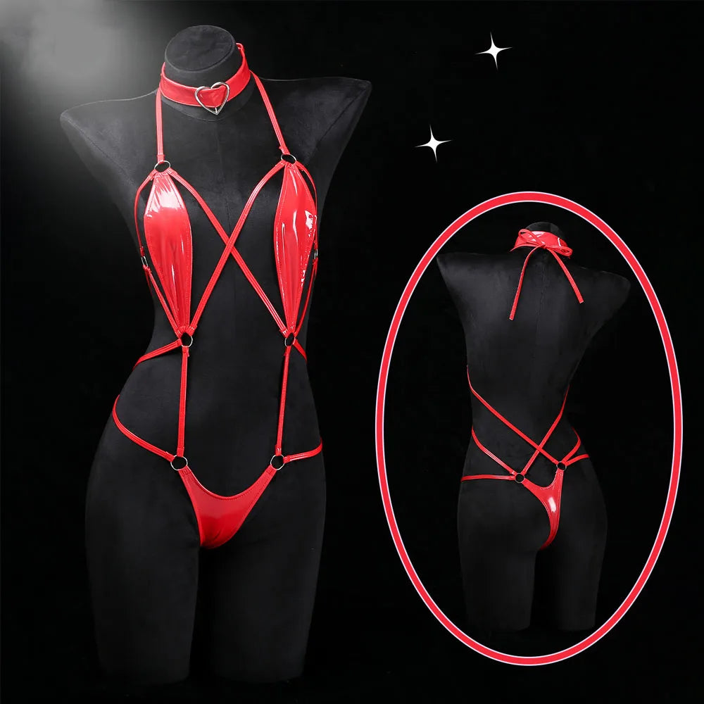 Women Patent Leather Harness Lingerie with Heart Choker Open Back Crotch Less Erotic Bodysuit Intimate Club Wear for Night Party
