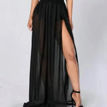 Womens Mesh Beach Wrap Skirt Bikini Cover-Ups High Waist See Through Slit Long Skirts Sexy Club Cover-ups