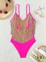 Colorful Tassel One Piece Swimsuit Women Sexy Hot Pink Push Up Tummy Control Swimwear Beach Backless Bathing Suit Monokini 2024