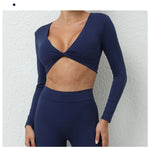 Long Sleeve Gym Crop Tops for Women Twist Deep V Workout Quick Dry Padded Sports Fitness Yoga T-Shirt