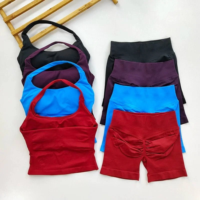 Yoga 2 Pieces Gym Set Women Backless Halter Tops High Waist Seamless Shorts Gym Suit Fitness Sports Bras Sportswear Workout Sets