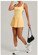 New Large Backless Tennis Dresses Women Solid Color Sleeveless Glare Pleated Yoga Skirt with Pocket Shorts Running Fitness Dress