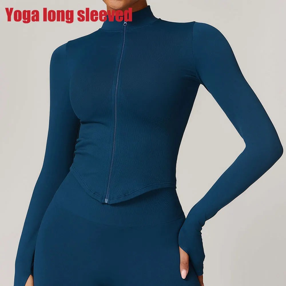 Zipper Jacket Women Crop Tops Yoga T-shirts Solid Sports Top Long Sleeve Running Shirts Sexy Quick Dry Fitness Gym Sport Wear