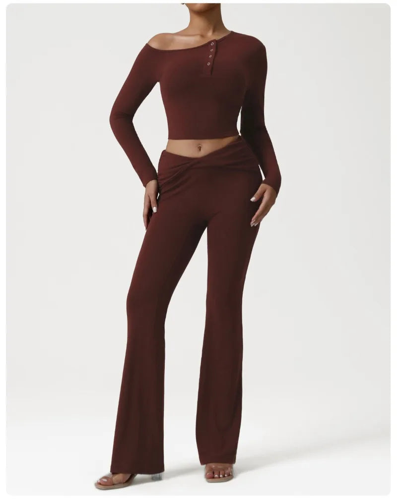 2 Pieces Women's Seamless Yoga Set Long-sleeved Shirt Flared-pants Tracksuit Running Fitness Sports Set Slim-fit High Waist Suit