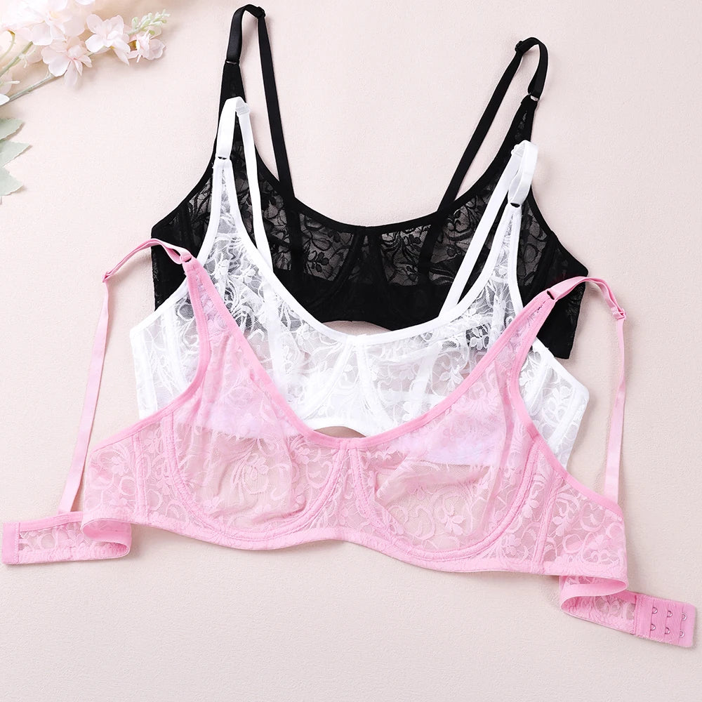 3 Pcs Womens Lace Bra Underwire BH Hollow Out Embroidery Perspective Sexy Underwear Lingerie Tops Plus Size Brassiere