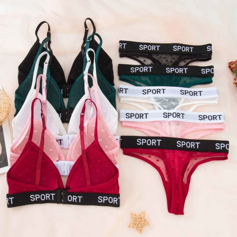 Women Lace Bra And Panties Set Sheer Polka Dot Lingerie Non-wire Bralette Sexy Low Rise Thongs Letter Band Mesh Underwear Set