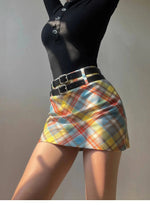Plaid Double Waistband A-line Short SkirtWomen American Style Street High Waist Casual Collision Color Wrap Hip Skirt OJR7