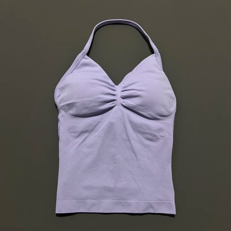 HISTELLO GYM Longline Strappy Top Women Seamless Yoga Clothing With Removable Pads V Neck Open Back Bra Workout Sports Halter