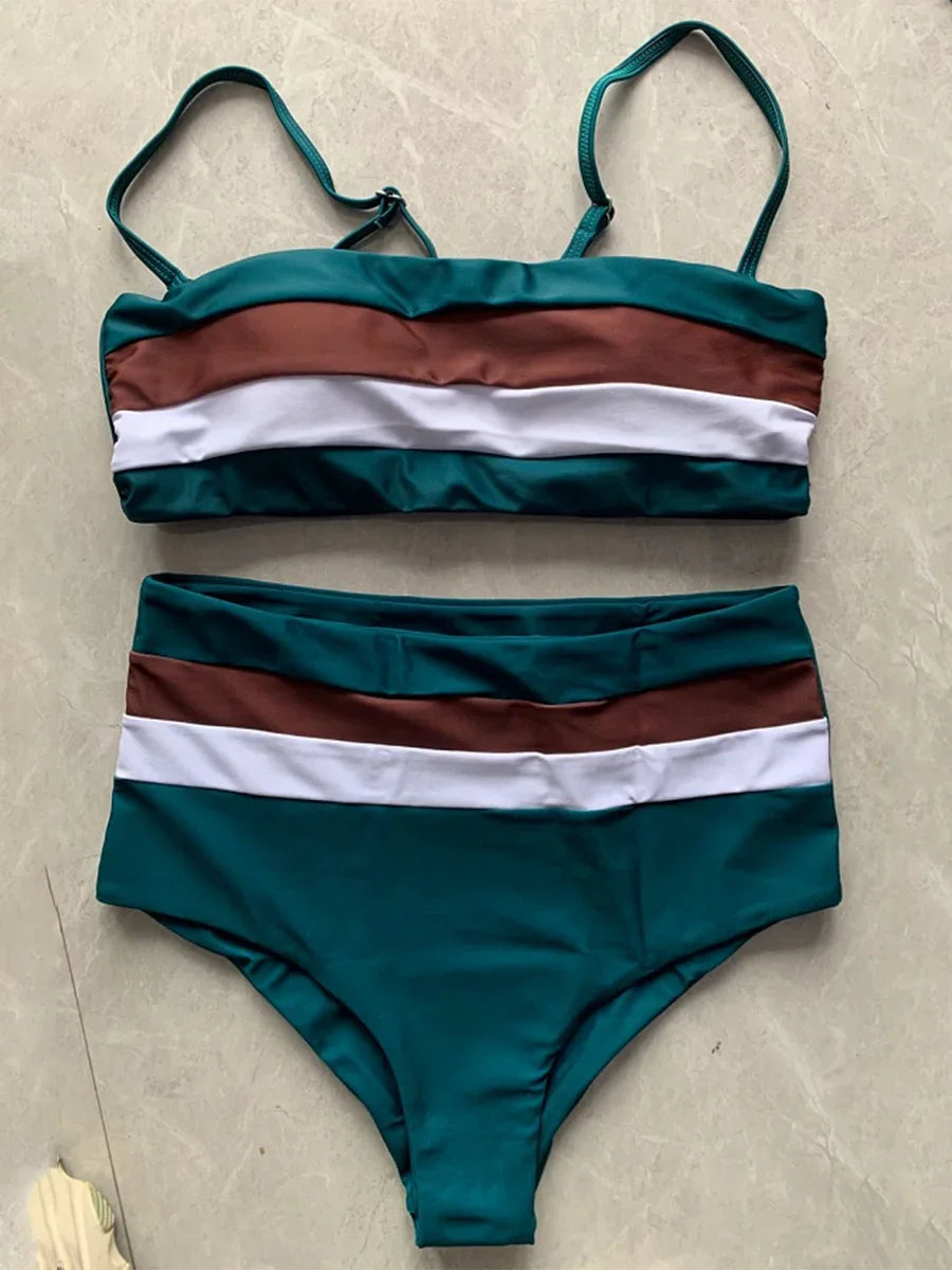 Sexy Striped Bandeau Bikini High Waist Swimsuit Women Swimwear Female Two Pieces Bikini Set Bather Bath Swimming Suit Beachwear