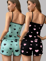 Women Pajama Set Summer Sleepwear Heart Love Pattern Cami Tops and Shorts Set Loungewear Soft Comfy Nightwear