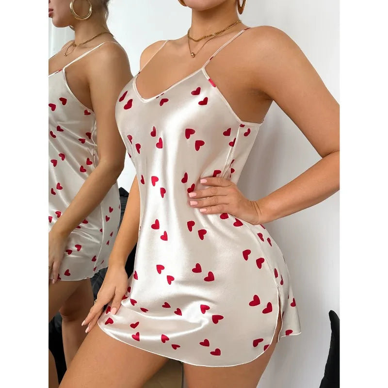 Women's V Neck Spaghetti Strap Nightdress Heart Print Sexy Nightwear Sleepwear Outfit For Home Wear Romantic Date