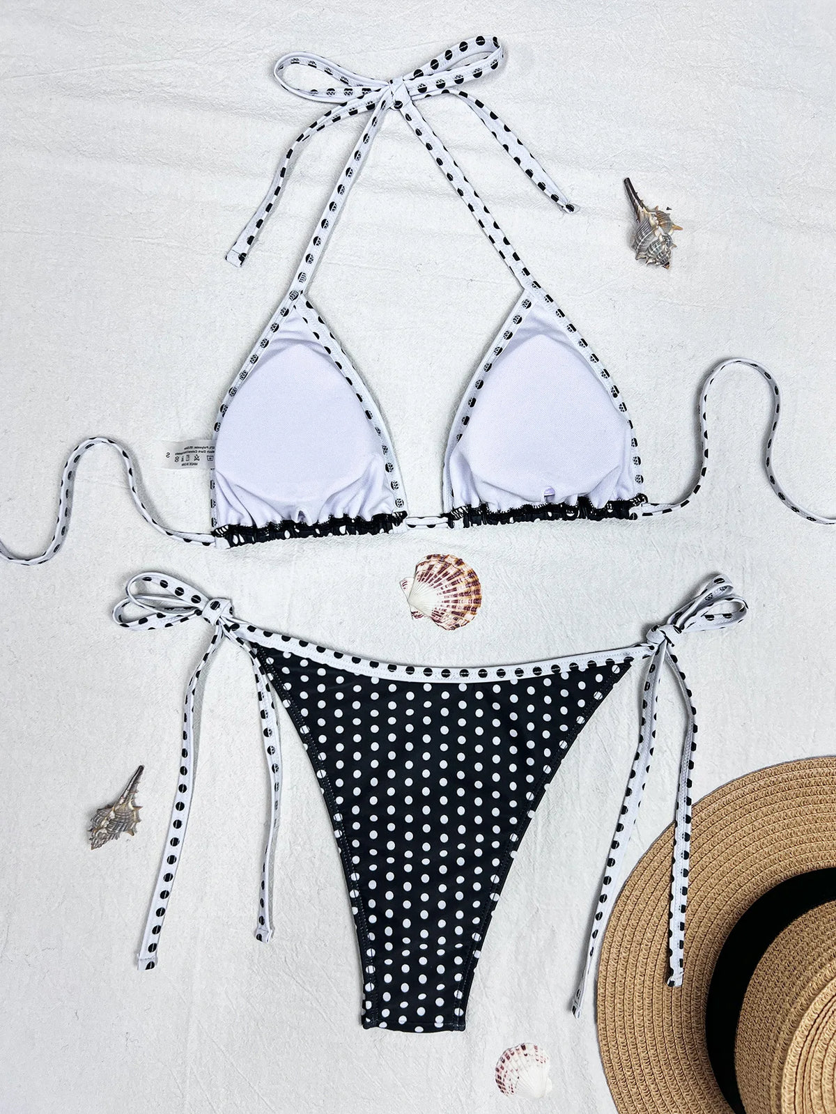 2026 Trendy String Bikini Set Triangle Top Side Tie Bottoms with Metallic PendantSolid Color Contrast Trim Women Swimwear