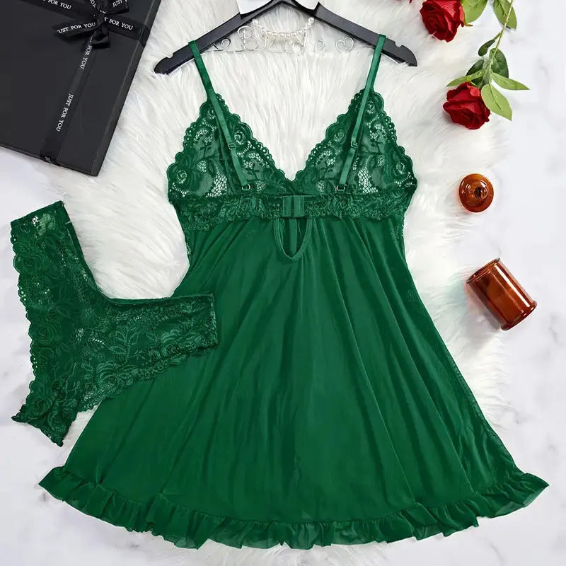 A Set Of Tulle Ultra Sexy Nightgown V-neck Bra Open Sleep Skirt Night Erotic Dress Woman Sheer Pajamas Lingerie Pants Luxury kit