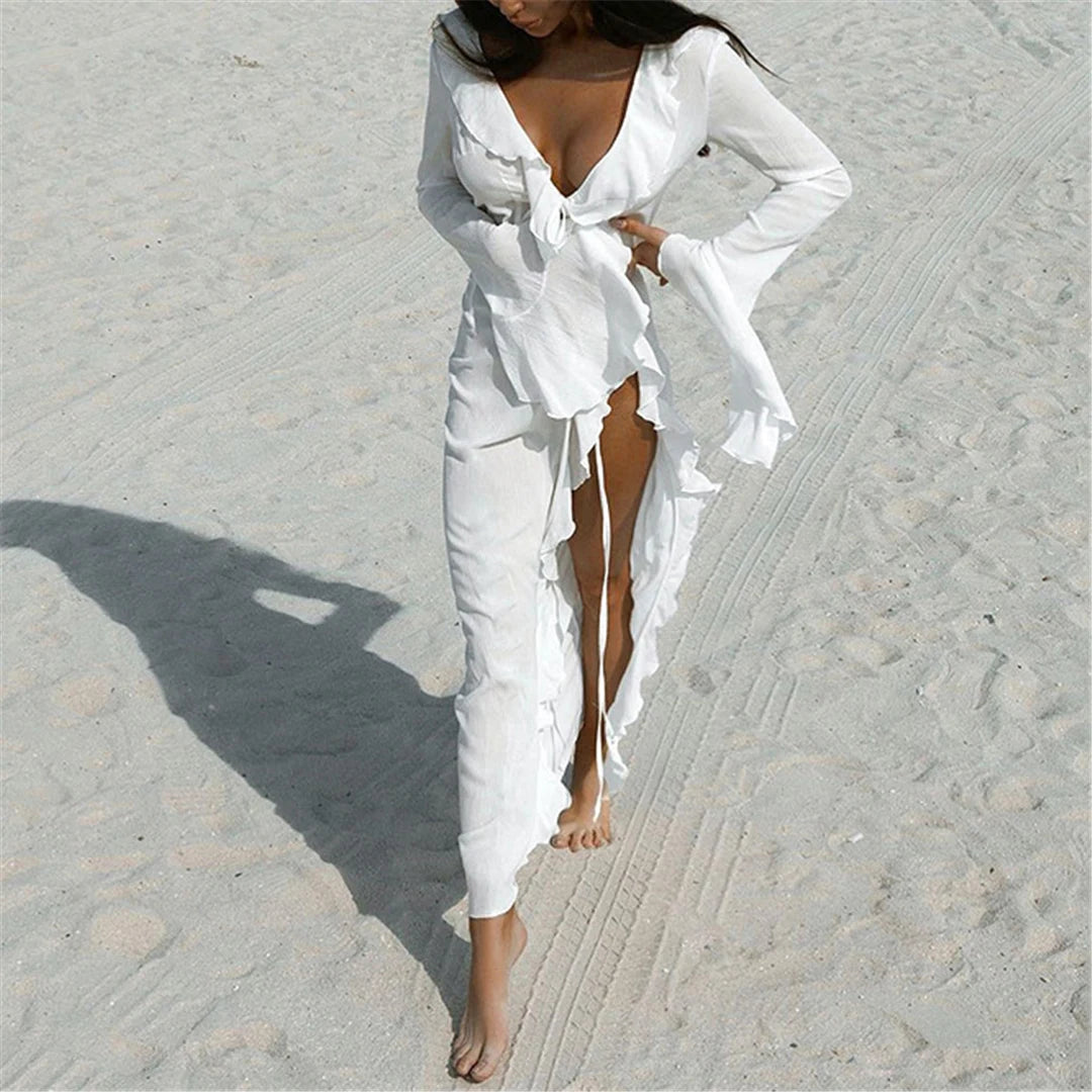 Women's V Neck Ruffled Long Sleeve Dress Chiffon Tunic Beach Cover Up Cover-ups Beach Dress Sunscreen Beachwear Vacation V5976B
