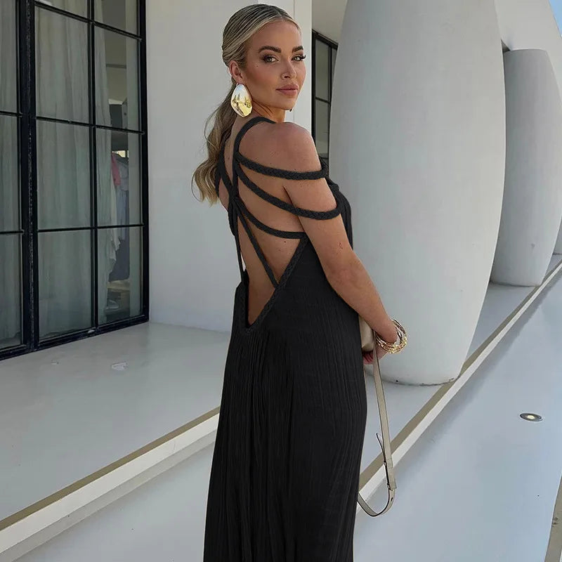 Summer Sleeveless Party Dress, Women Loungewear O-Neck Hollow Out Party Dress, Solid Color Patchwork Beach Style Ladies Dress