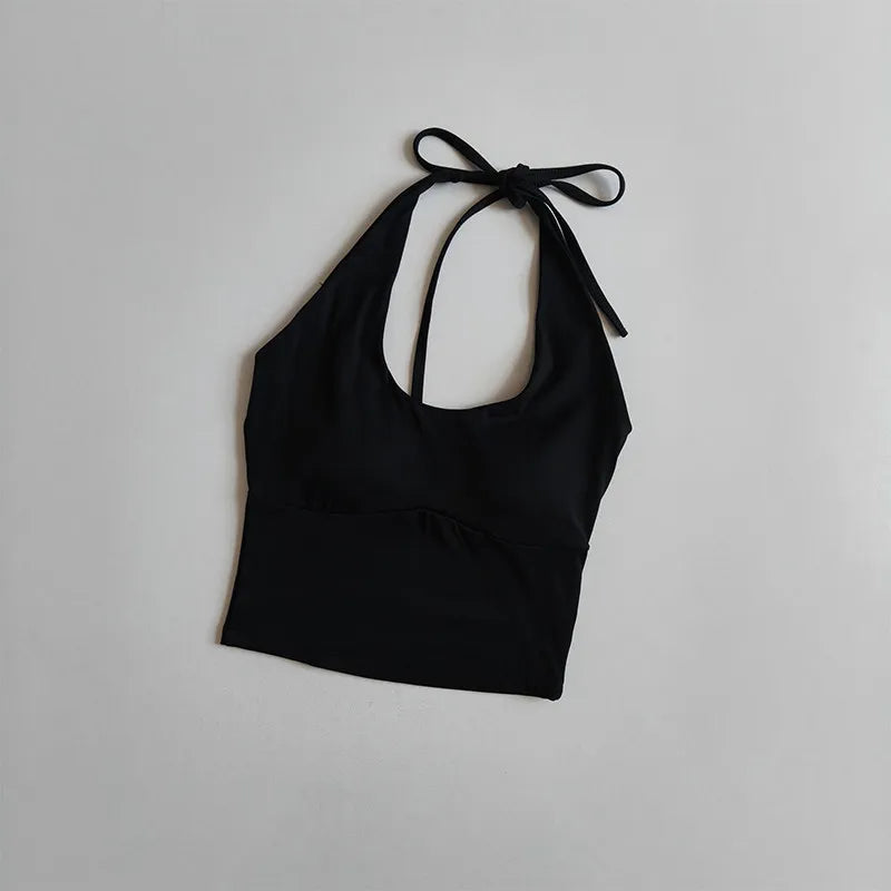 Women's Halter Neck Sports Bra Vest Slimming Tube Top for Yoga Gym Running Beautiful Back Sling Design One Cup Gathered Summer F