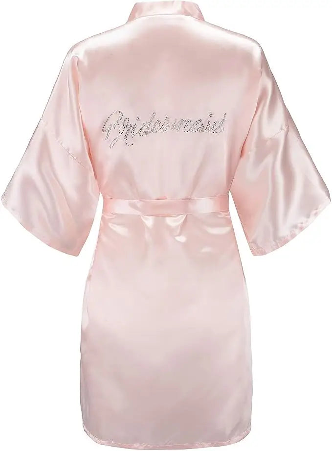 Women's Satin Kimono Robes with Rhinestones Bride Bridesmaid Short Getting Ready Wedding Dressing Gown
