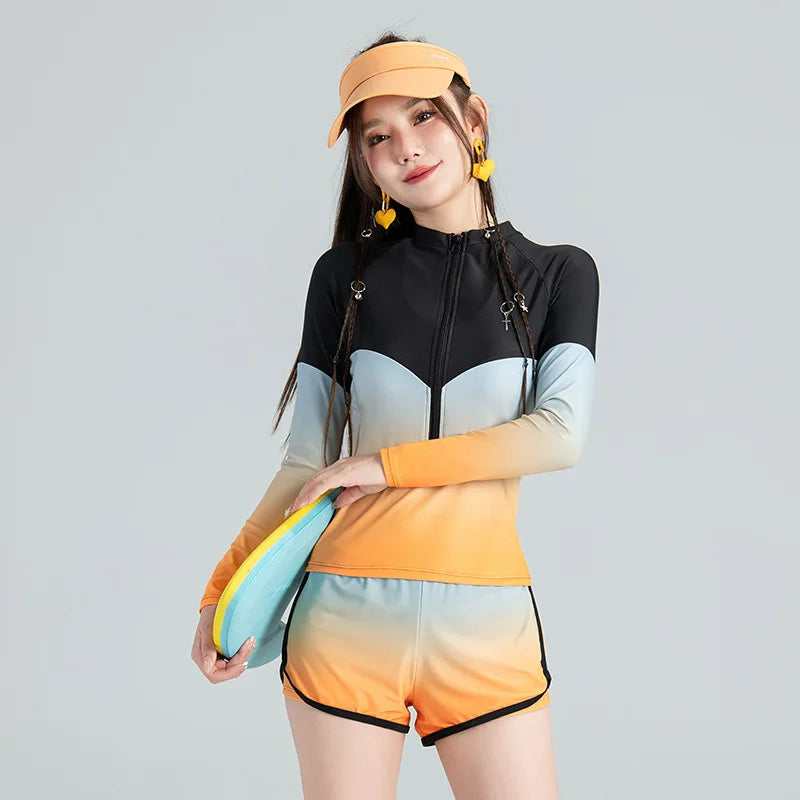 Long Sleeve Rash Guard Women Colorblock Two Piece Swimsuit Crop Top Swimwear High Neck Bathing Suits Zipper Surfing Suits Shorts