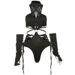 Hollow Out Sexy Cyber Y2k Bodysuits Gothic Mesh Patchwork Tops Female Glove Sleeve Mock Neck Bodysuit Fashion P4ZQ