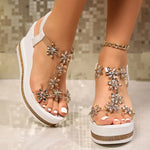 Rhinestone Flowers Wedges Sandals Women 2026 Luxury Crystals Chunky Platform Sandles Woman Clear Pvc Super High Heel Party Shoes