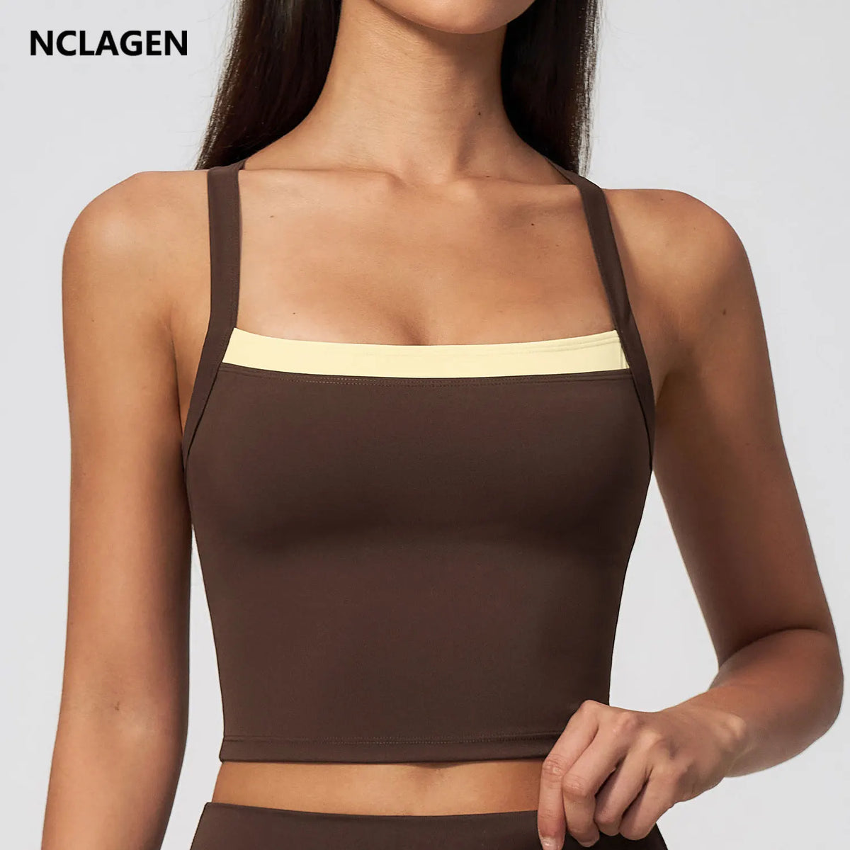 NCLAGEN Women's Yoga Tank Top Fake Two Piece Color Block Crisscross Back Vest Naked Feel Outdoor Sports Fitness Running Blouse
