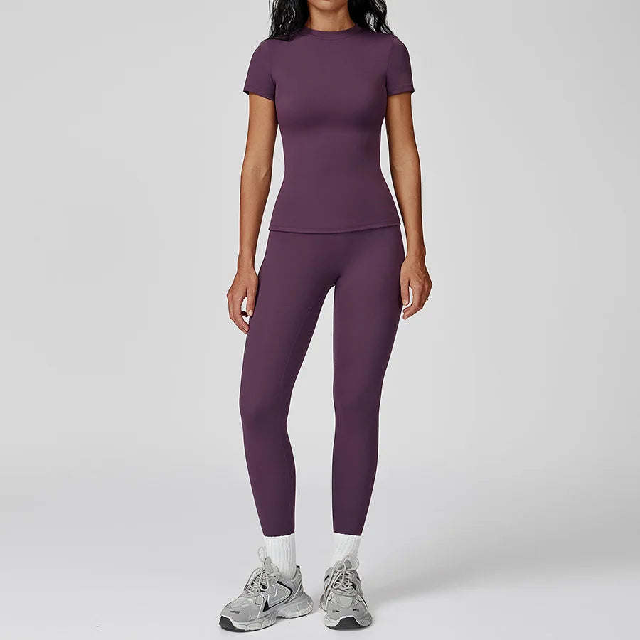 New Yoga Set Two Piece Women Short Sleeve Top with High Waist Leggings Seamless Workout Clothes Patchwork Sport Fitness Gym Sets