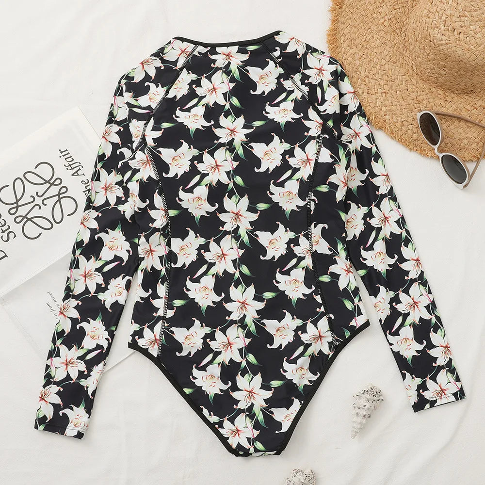 2026 Surfing Sport Swimsuit Long Sleeves Women One Piece SwimsuitSwimwear Solid Monokini Bathing Suit Tropical Bodysuit Female