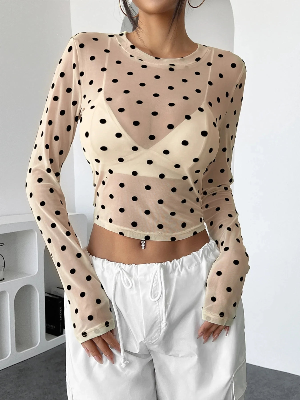 Womens Polka Dots Long Sleeve Mesh Tops Sexy See Through Sheer Blouses Shirts Going Out Crop Top Y2K Date Night Club Party Tops
