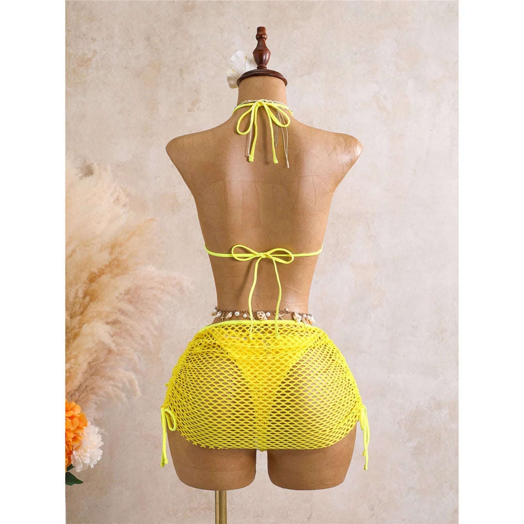 With Skirt 3D Flower Halter Bikini Women Swimwear Female Swimsuit Three-Pieces Bikini Set Padded Bather Bathing Suit SwimV8346