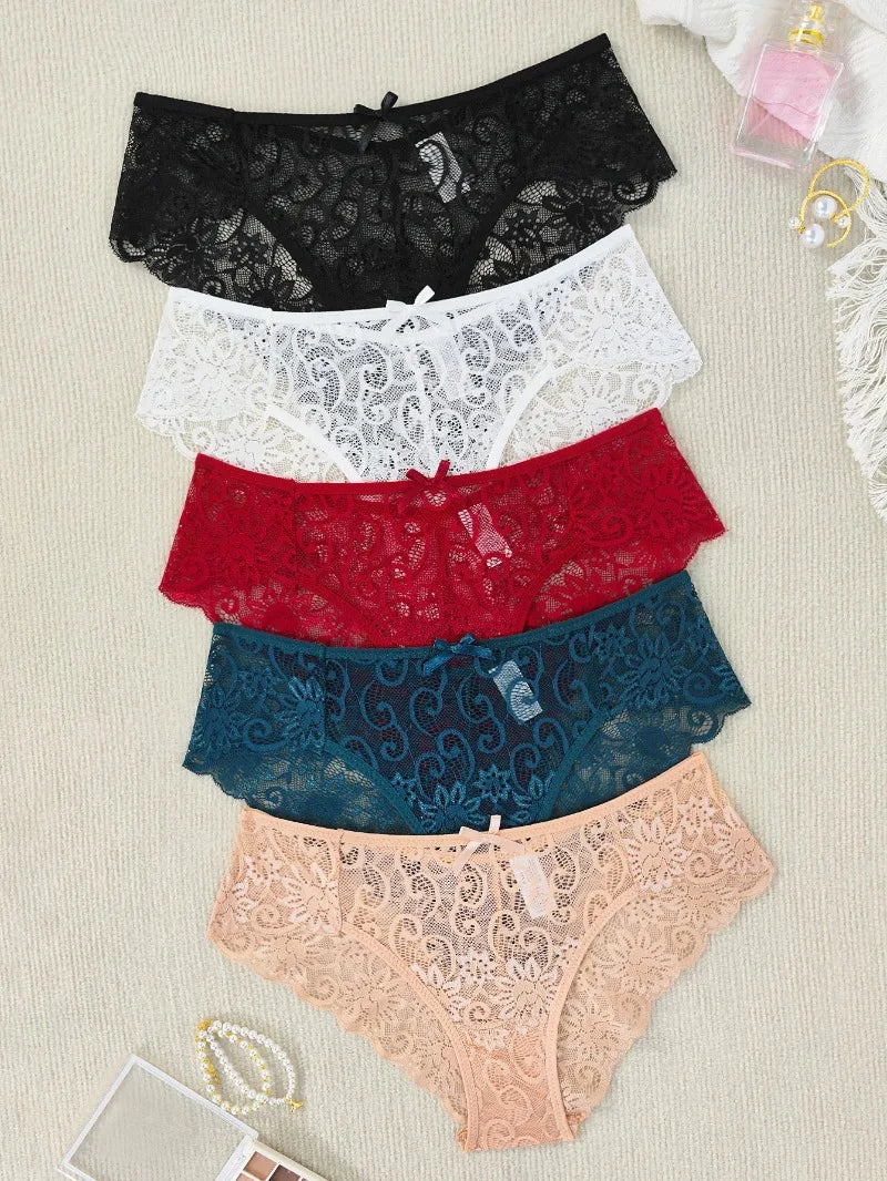 5pcs Sexy Lace Women's Panties Bow Decor Comfortable Breathable Lady Briefs Elegant Sexy Lingerie Solid Fashion Female Underwear