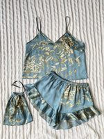 Spring Summer Silk Sleepwear Set, Fashion Print Shorts Pajamas Home Wear, Sexy Strap Dress Storage Bag, Comfortable Women's Nigh