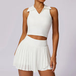 Outdoor Breathable Golf Wear Tennis Sport Sets Women Turn Down Collar Sleeveless Top Short 2 in 1 Skirt Running Fitness Set