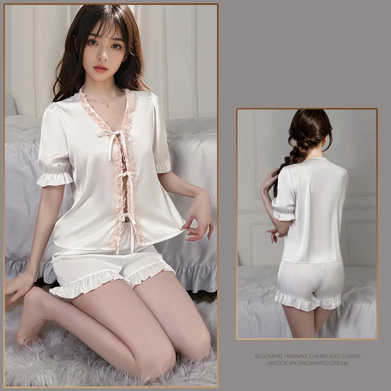 New Fashion Black Satin Pajama Set for Women Lace Trim V-Neck Short Sleeve Pjs Soft Comfortable Silky Sleepwear Shorts Set Gift