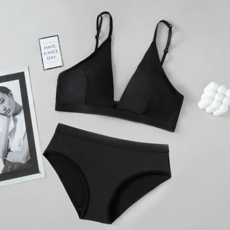 Women Seamless Bra And Panties Set Low Waist Ice Silk Briefs Non-wire Bra Sexy Lingerie Female Push Up Bra Comfort Underwear Set