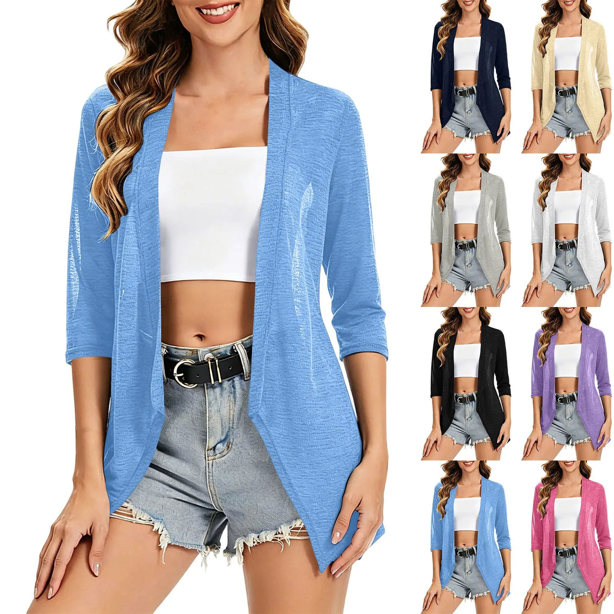 Women Asymmetric Hem Casual Solid Color Open Front Cardigan 3/4 Sleeve Lightweight Shrug With Side Pockets For Spring Summer
