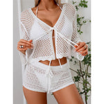 V Neck Long Sleeve Hollow Out Crochet Knitted Tunic Beach Dress Beach Wear Beachwear Beach Cover Up Cover-upsFemale Women V7192