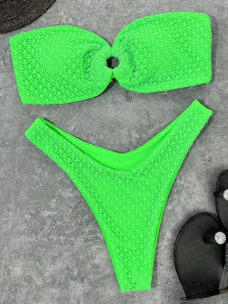 Sexy Fishnet Strapless Bandeau Bikini Women Swimsuit Female Swimwear Two-pieces Bikini set High Cut Bather Bathing Suit Swim